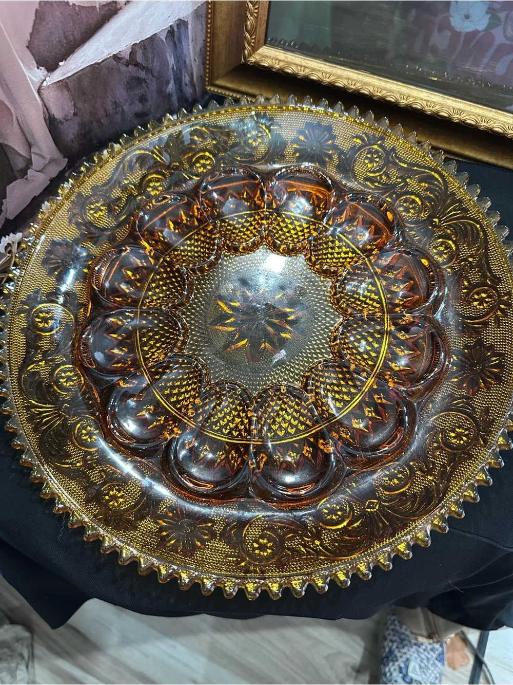 Amber Indiana Glass Hen On Nest w/ Amber glass Tiara pattern deviled egg  plate